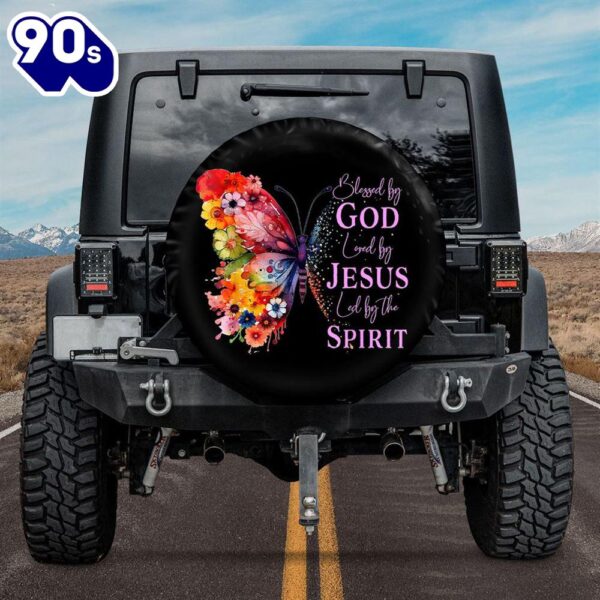 Blessed By God Loved By Jesus Butterfly Spare Tire Cover – Christian Tire Cover Car Decor