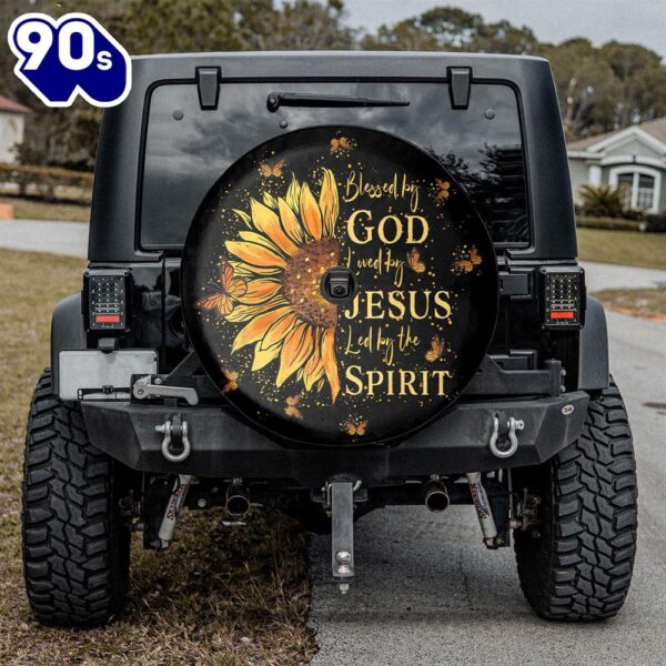 Blessed By God Loved By Jesus Sunflower Spare Tire Cover – Christian Tire Cover Car Decor