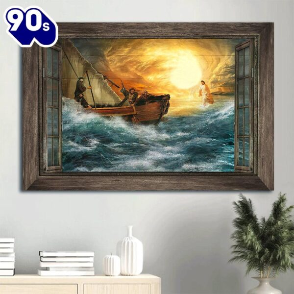 Blue Ocean Jesus Halo God Guides Us Through Storm Canvas Wall Art  Gift Christmas