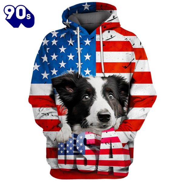 Border Collie Dog 3D Face Graphic Premium America Flag Hoodie   Gift Christmas