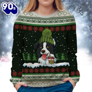 Border Collie With Snow And Christmas Ugly Sweater