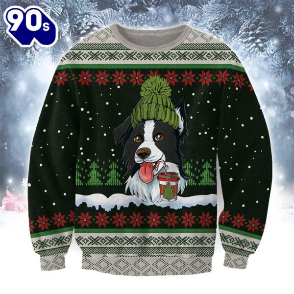 Border Collie With Snow And Christmas Ugly Sweater