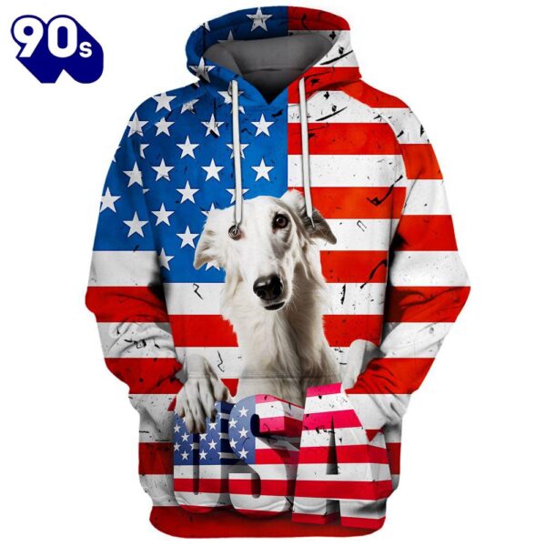 Borzoi Dog 3D Face Graphic Premium America Flag Hoodie   Gift Christmas