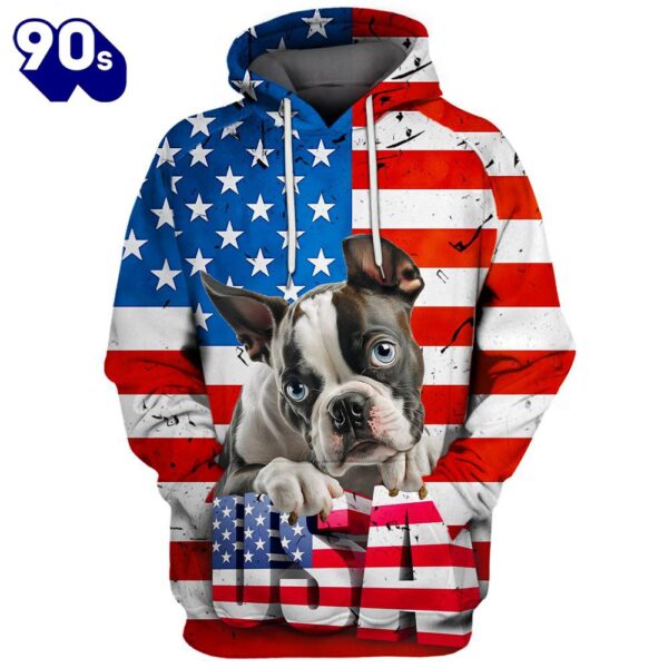 Boston Terrier Dog 3D Face Graphic Premium America Flag Hoodie   Gift Christmas