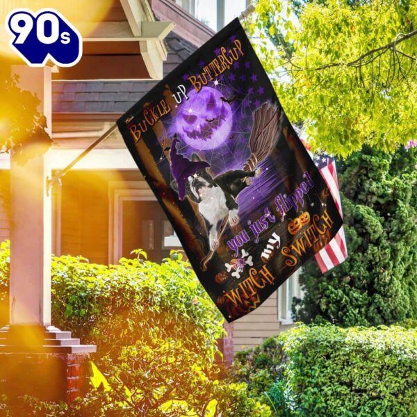 boston terrier witch switch flying broom halloween garden flag