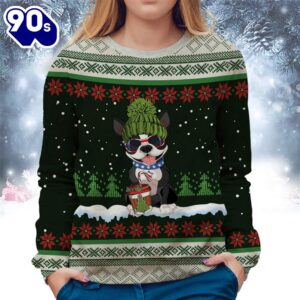 Boston Terrier With Snow And Christmas Ugly Sweater