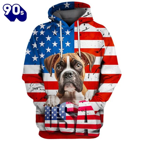 Boxer Dog 4 3D Face Graphic Premium America Flag Hoodie   Gift Christmas