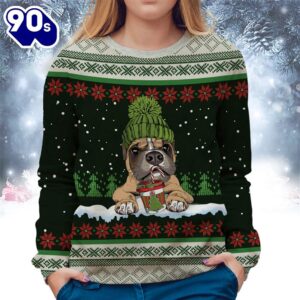 Boxer With Snow And Christmas Ugly Sweater