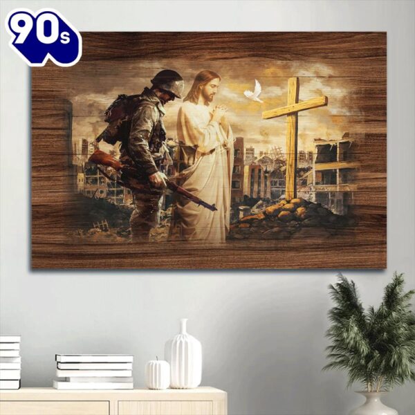 Brave Soldier Jesus Praying City In War Wooden Cross Canvas Wall Art  Gift Christmas