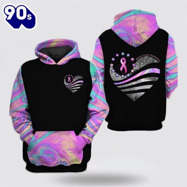 Breast Cancer Awareness Heart Shape Holographic Color Black Hoodie