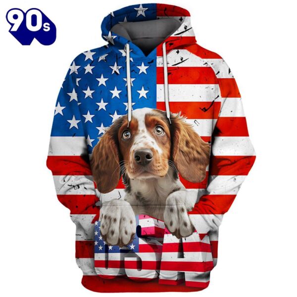 Brittany Dog 3D Face Graphic Premium America Flag Hoodie   Gift Christmas