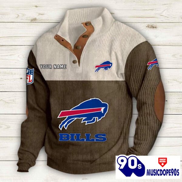 Buffalo Bills Button Up Shirts Stand Collar Long Sleeve Shirt Elbow Patches