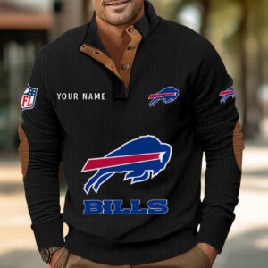 Buffalo Bills Button Up Shirts Stand Collar Long Sleeve Shirt Elbow Patches