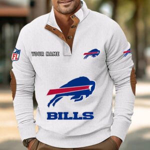 Buffalo Bills Button Up Shirts Stand Collar Long Sleeve Shirt Elbow Patches