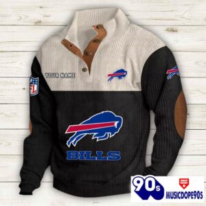 Buffalo Bills Button Up Shirts Stand Collar Long Sleeve Shirt Elbow Patches