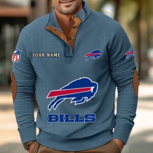 Buffalo Bills Button Up Shirts Stand Collar Long Sleeve Shirt Elbow Patches