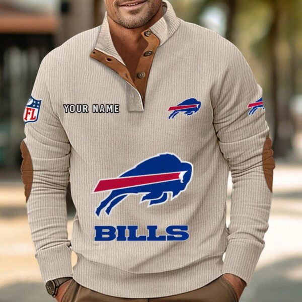 Buffalo Bills Button Up Shirts Stand Collar Long Sleeve Shirt Elbow Patches