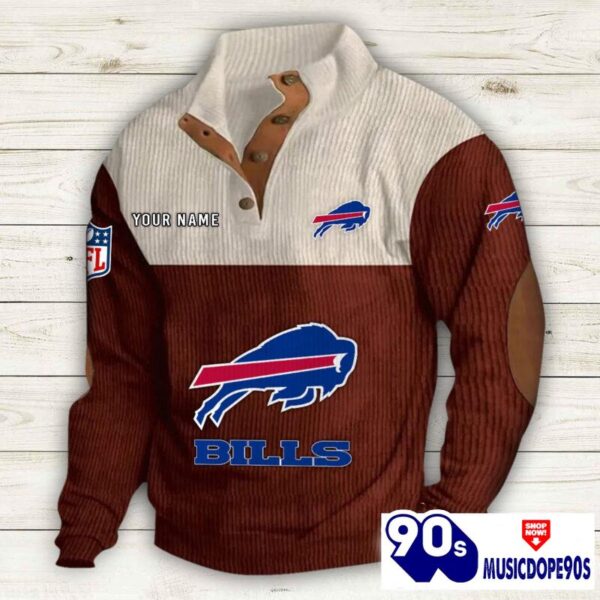 Buffalo Bills Button Up Shirts Stand Collar Long Sleeve Shirt Elbow Patches