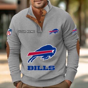 Buffalo Bills Button Up Shirts Stand Collar Long Sleeve Shirt Elbow Patches