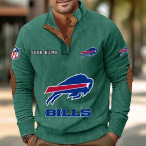 Buffalo Bills Button Up Shirts Stand Collar Long Sleeve Shirt Elbow Patches