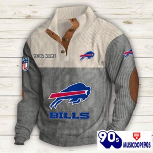 Buffalo Bills Button Up Shirts Stand Collar Long Sleeve Shirt Elbow Patches