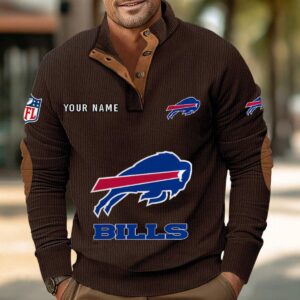 Buffalo Bills Button Up Shirts Stand Collar Long Sleeve Shirt Elbow Patches