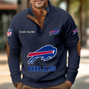 Buffalo Bills Button Up Shirts Stand Collar Long Sleeve Shirt Elbow Patches