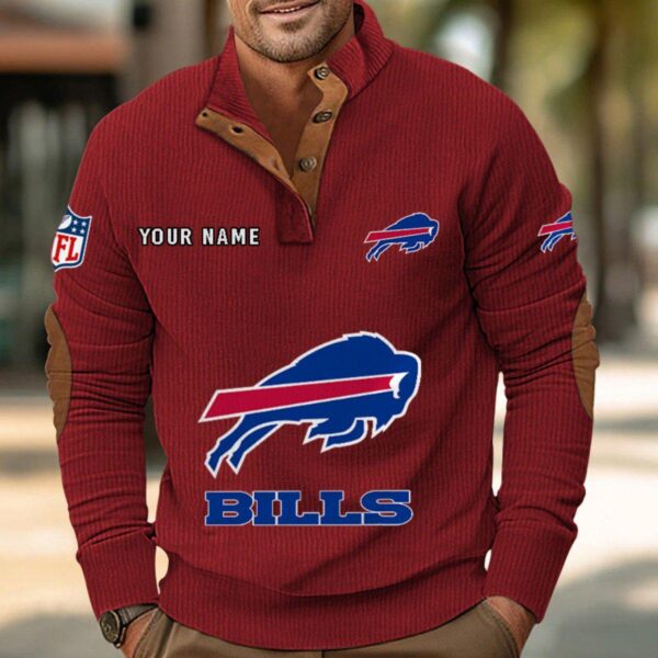 Buffalo Bills Button Up Shirts Stand Collar Long Sleeve Shirt Elbow Patches