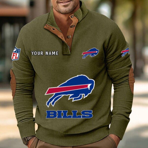 Buffalo Bills Button Up Shirts Stand Collar Long Sleeve Shirt Elbow Patches