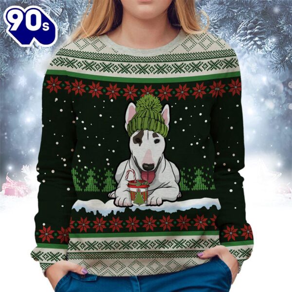 Bull Terrier With Snow And Christmas Ugly Sweater