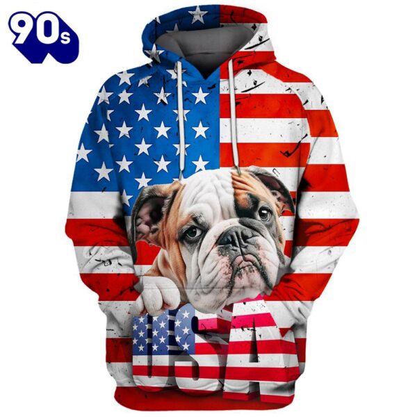 Bulldog 2 3D Face Graphic Premium America Flag Hoodie   Gift Christmas