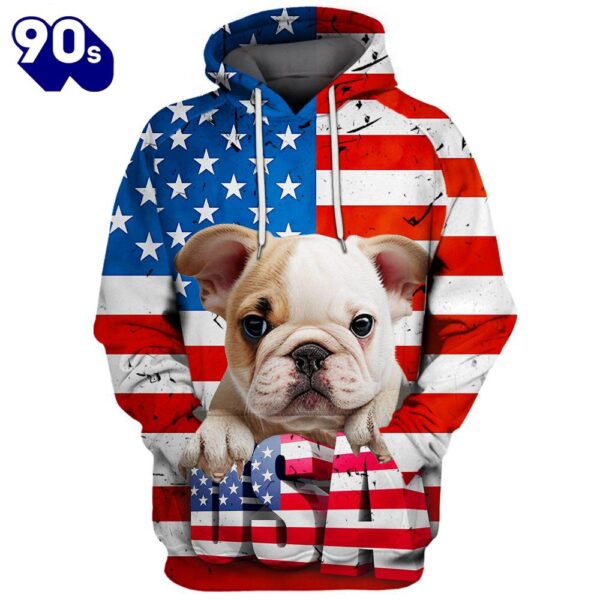 Bulldog 3 3D Face Graphic Premium America Flag Hoodie   Gift Christmas