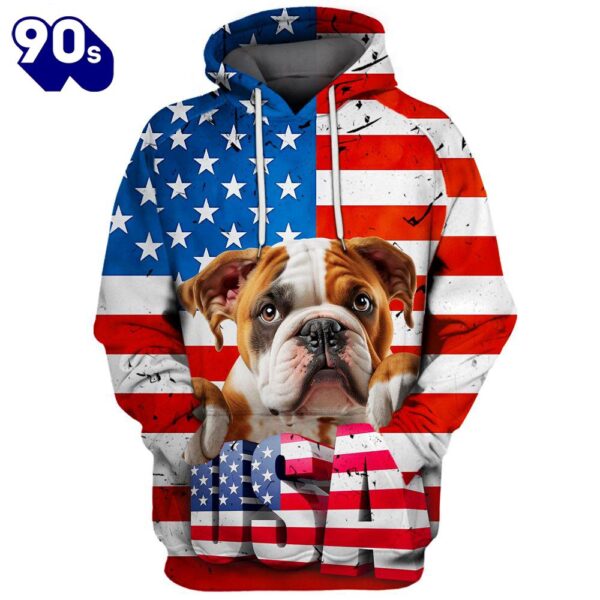 Bulldog 4 3D Face Graphic Premium America Flag Hoodie   Gift Christmas