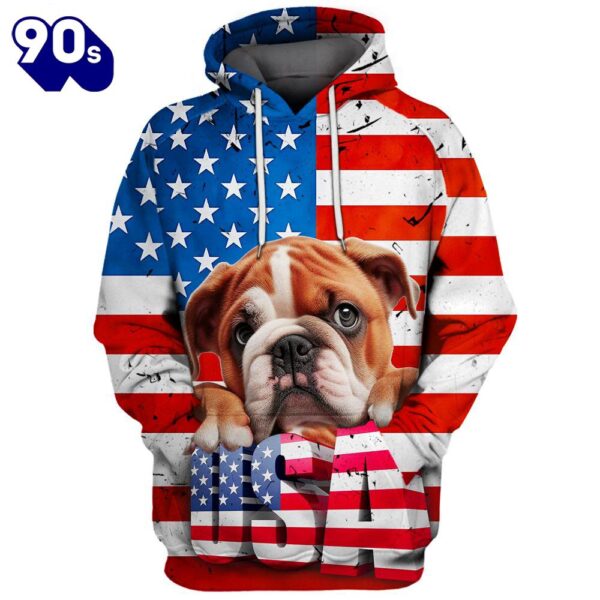 Bulldog 5 3D Face Graphic Premium America Flag Hoodie   Gift Christmas