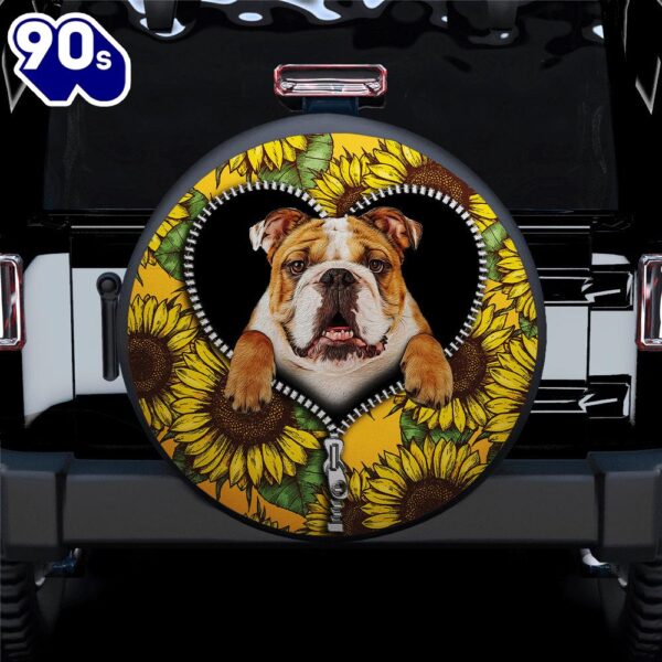 Bulldog Sunflower Zipper Car Spare Tire Covers Gift For Campers