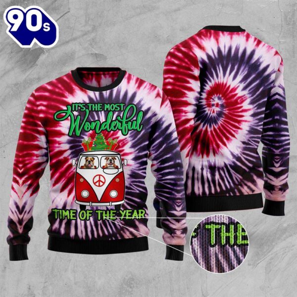 Bulldog Tie Dye Ugly Christmas Sweater