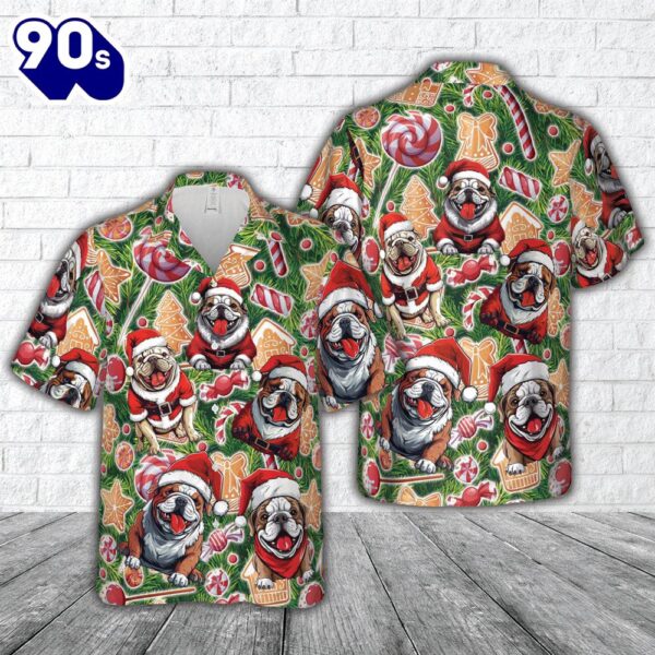 Bulldog Wearing Santa Hat Christmas Hawaiian Shirt