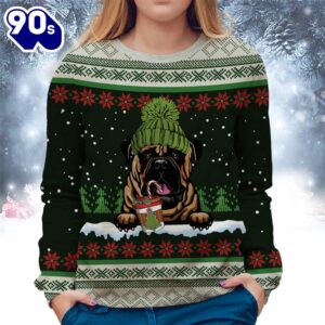 Bullmastiff With Snow And Christmas Ugly Sweater