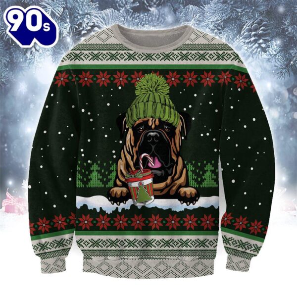 Bullmastiff With Snow And Christmas Ugly Sweater