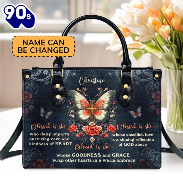 Butterflies Blessed Is She Personalized Leather Handbag , Christian Bags  Gift For Women Christmas