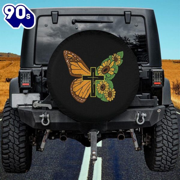 Butterfly Sunflower Cross Faith God Jesus Christian Spare Tire Cover – Christian Tire Cover Car Decor