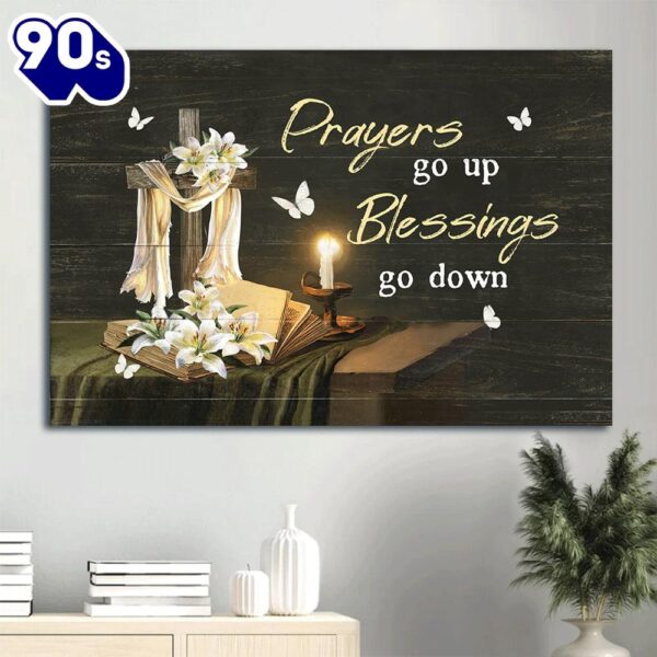 Candle Drawing White Lily Flower Wooden Cross Prayers Go Up Blessings Go Down Canvas Wall Art  Gift Christmas