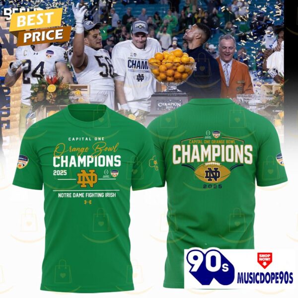 Capital One Orange Bowl Champions 2025 Notre Dame Fighting Irish 3D T-Shirt – Green