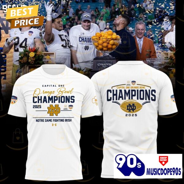 Capital One Orange Bowl Champions 2025 Notre Dame Fighting Irish 3D T-Shirt – White