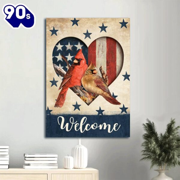 Cardinal Couple Heart Shape Blue Star Us Flag Welcome Heaven Canvas Wall Art  Gift Christmas