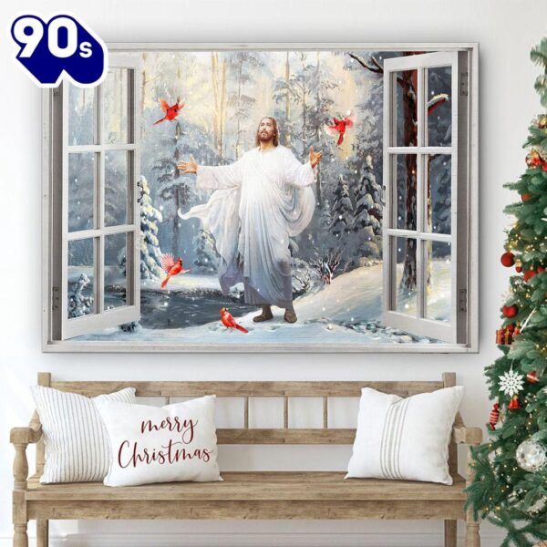 Cardinal Walking With Jesus Into The Winter Forest Canvas Wall Art  Gift Christmas