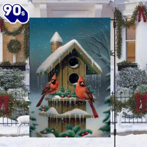 Cardinals At The Snow Capped Birdhouse Christmas Garden Flag  Decorate For Christmas