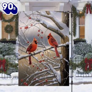 Cardinals On A Berry Laden Branch Christmas Garden Flag  Decorate For Christmas