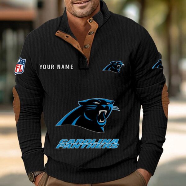 Carolina Panthers Button Up Shirts Stand Collar Long Sleeve Shirt Elbow Patches