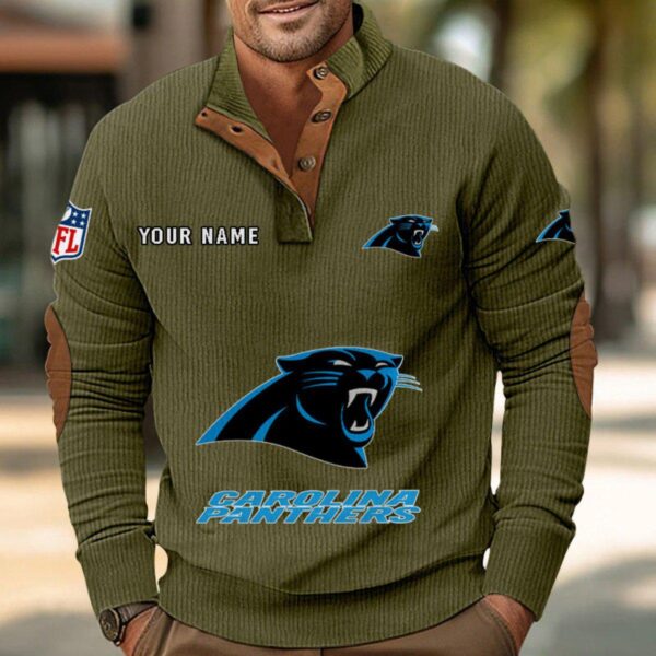 Carolina Panthers Button Up Shirts Stand Collar Long Sleeve Shirt Elbow Patches